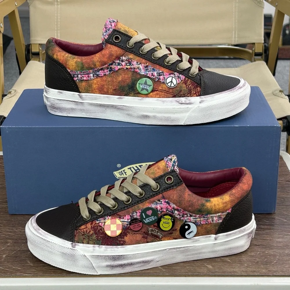 Vans Low Top Tie-Dye Orange, Pink & Green Sneakers with Pin Accents